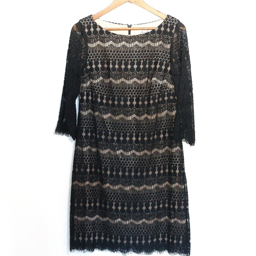 Jessica H Black Lace Sheath Dress Nude Lining 3/4 Sleeve Size 10